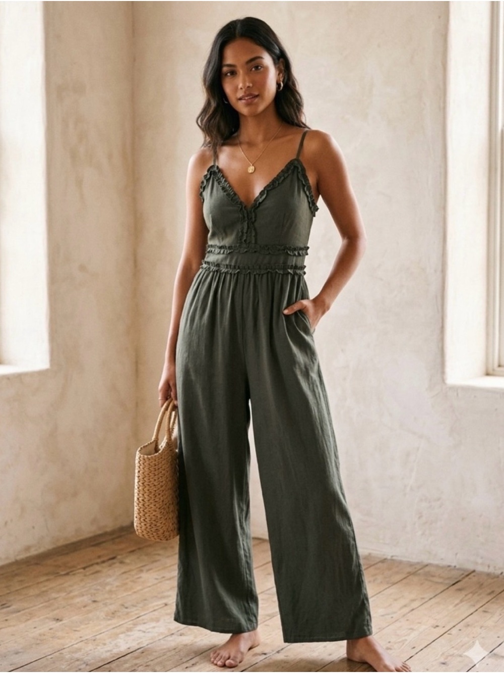 Blue Rain Olive Green Wide-Leg Rayon-Blend Jumpsuit with Detail Medium
